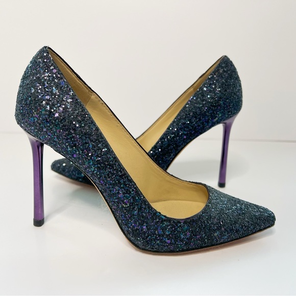 Jimmy Choo Authentic Romy Heels Blue Navy Leather Glitter Pumps Pointed Toe - Picture 4 of 8